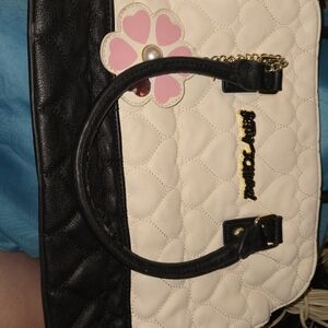 Betsey Johnson Black, Cream & Pink Quilted Shoulder Bag with Flower Charm